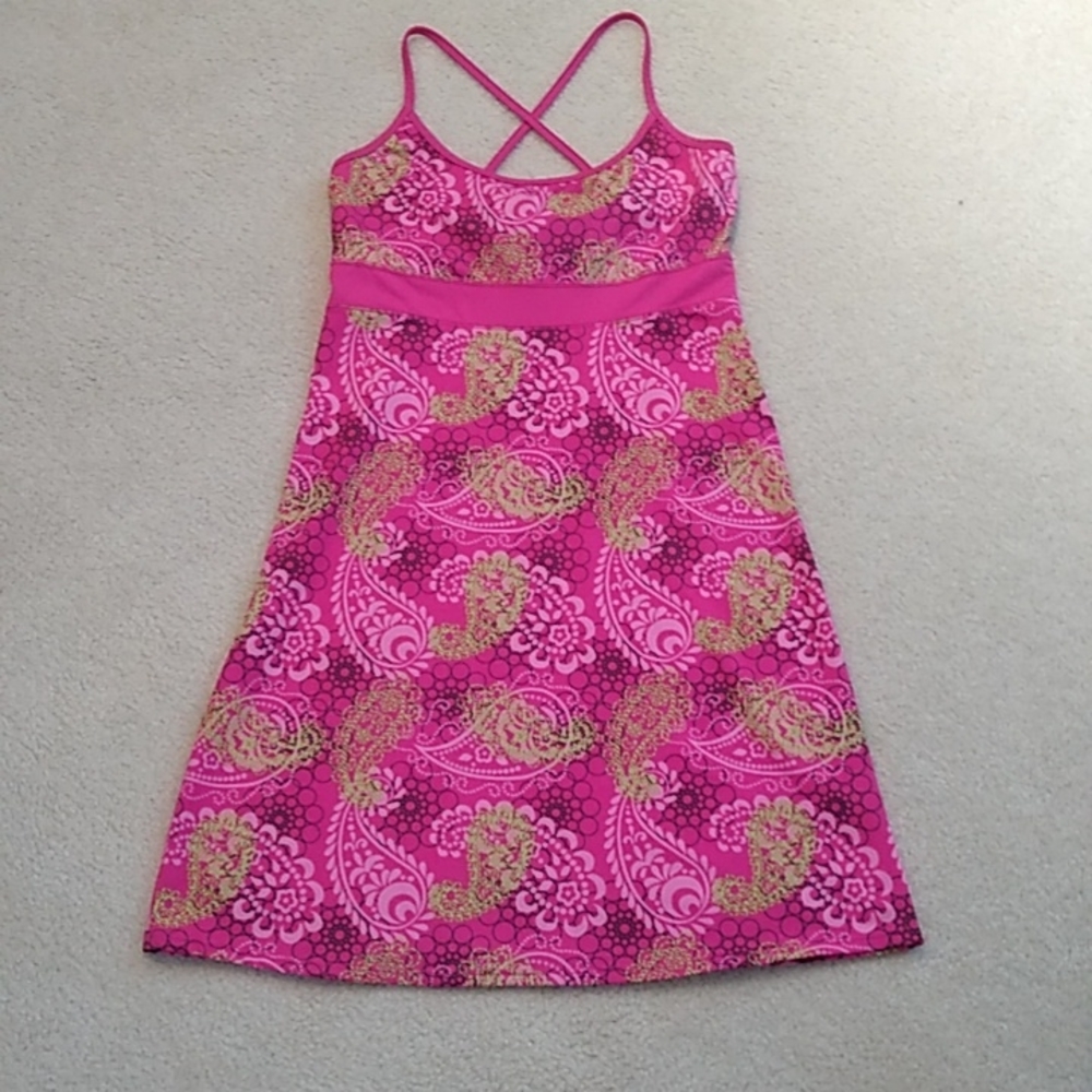 Lola strap activewear dress in a pink and yellow paisley pattern, size medium.